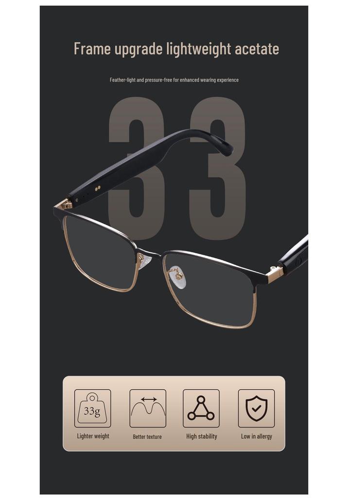 Smart Bluetooth Glasses GS06: Metal Frame, Magnetic Charging, Photochromic Lenses, Stereo Sound.