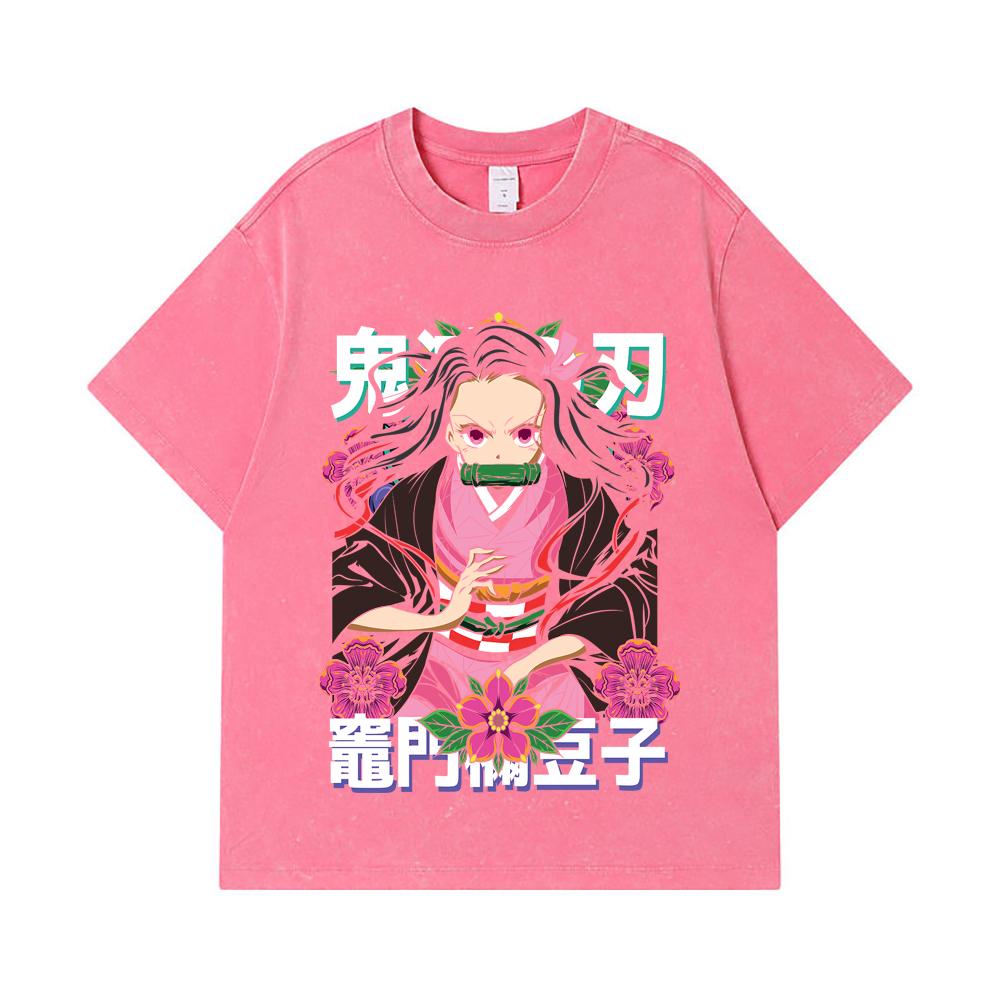 275 GSM Washed T-shirts 100% Cotton Demon Slayer V70 Nezuko Flower Print Unisex Heavy Cotton T Shirt