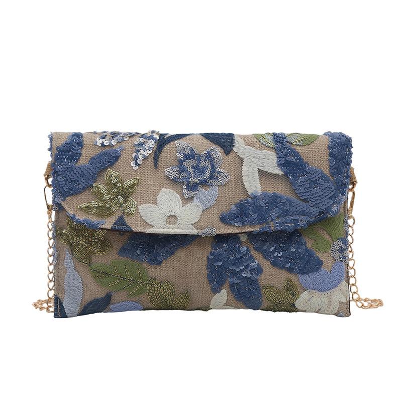 New Chinese Style Straw Woven Bag Versatile Chain Shoulder Crossbody Envelope Sequin Beaded Floral Embroidery Evening Clutch