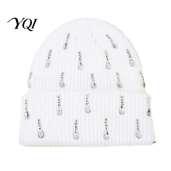 Elastic Skull Cap for Daily Wear Waterdrop Rhinestone Knit Hat, Bling Stretchy Winter Cuffed Knitted Sparkling Hats Women Men Cold Weather Hat