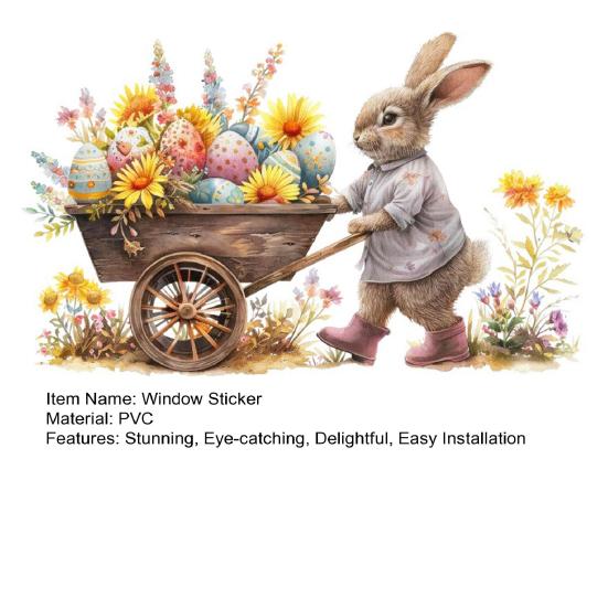 Easter Window Clings Decoration Cute Bunny Pushing Cart Window Sticker Reusable Static PVC Decals for Spring Party Door Wall Glass Window Home Decor