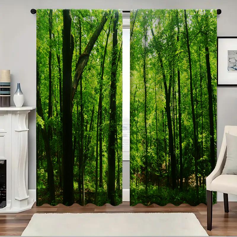2 шт. Домашние шторы «Зеленый лес» с пейзажным фоном и шторы с карманом для штанги, Кухня, Кофейня, Гостиная