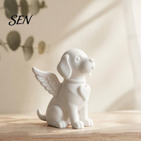 Подарки сочувствия для любителей собак Ангельское Крыло Мемориальная статуэтка, Белая фигурка питомца, напечатанная на 3D-принтере, Декоративная настольная скульптура животного Минималистичный щенок