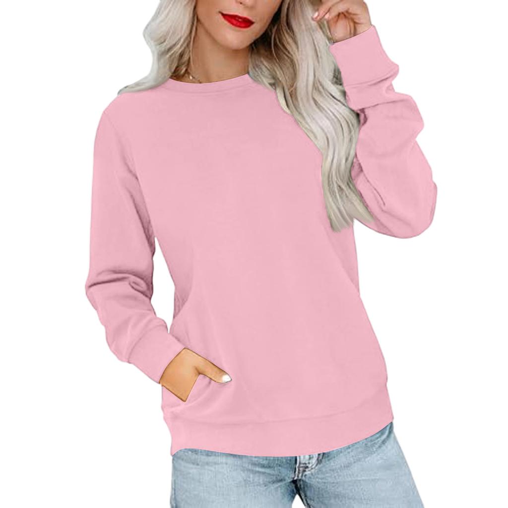 Women's Casual Fashion Solid Color Neck Long Sleeve Sweatshirt Lightweight Pullover With Side Pockets Warm Sweatshirt