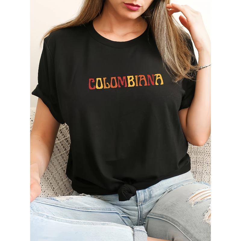 Женская футболка "COLOMBIANA" с принтом букв, Повседневный топ с круглым вырезом и короткими рукавами, Спортивная футболка для весны и лета, Удобная ткань, Свободный крой