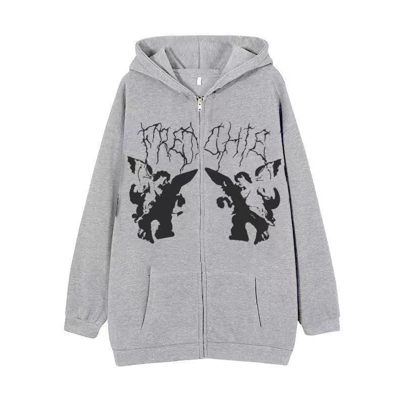 Dark Skull Graphic Zip Up Hoodie Gothic Streetwear Loose Fit Men Women Teens