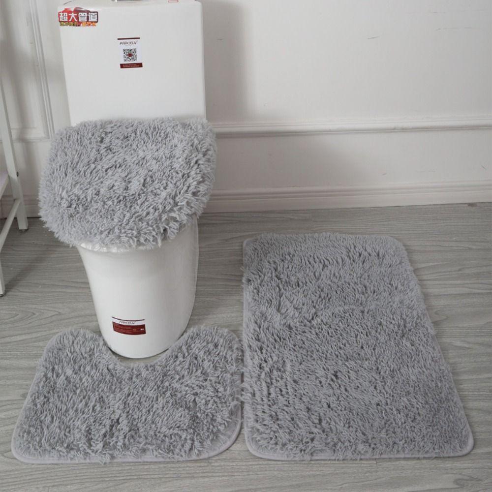 3pcs/set Fluffy Hairs Toilet Lid Cover Rugs Solid Color Shower Carpets Sets Shower Room
