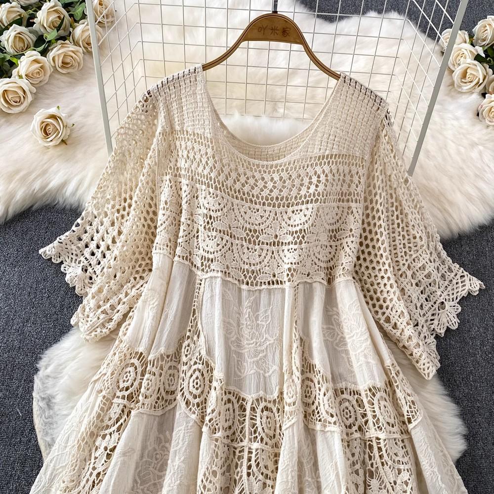 Dimanaf 2025 New Summer Women Long Knitted Dress Sleeve Basic Fashion Lace Dresses Casual Loose