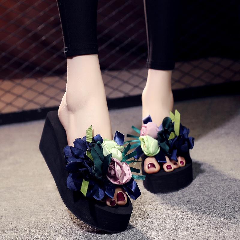 Женские тапочки в богемном стиле с аппликацией, пляжная обувь для девочек на высоких каблуках