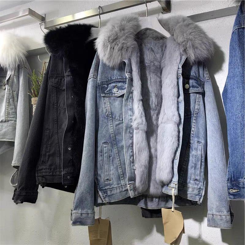 Women's Short Denim Jacket: Large Fur Collar, Korean Style, Versatile, Loose Fit, Plus Velvet, Thickened Cotton Coat