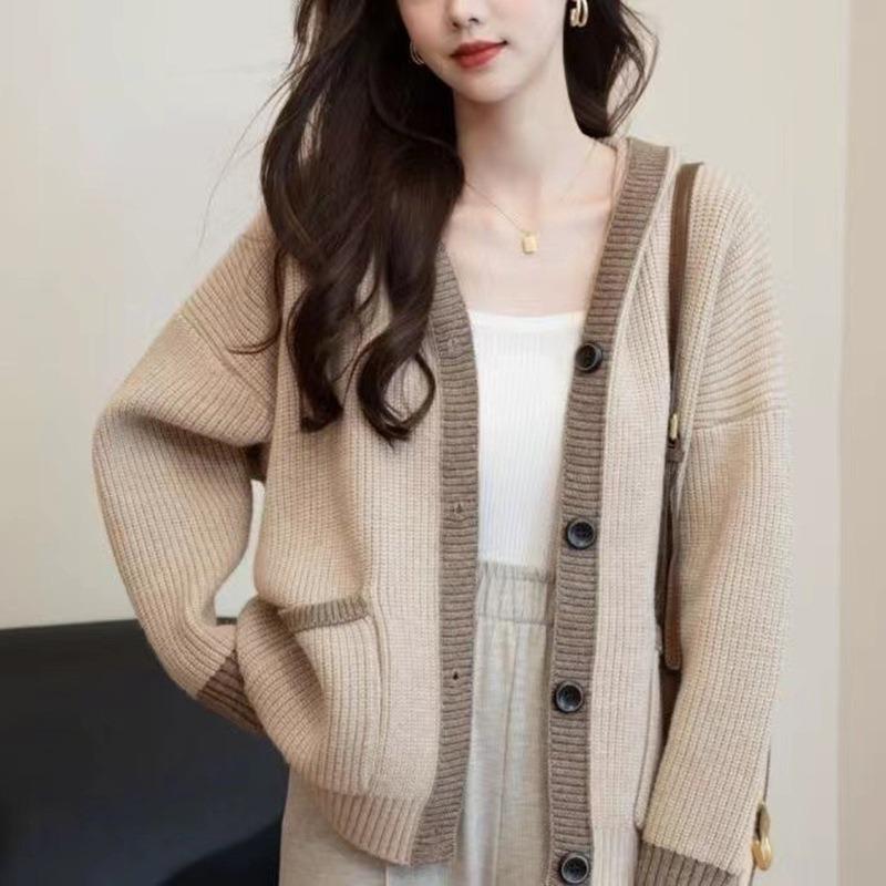 Свободный свитер с капюшоном в стиле колор-блок, женский вязаный кардиган, толстое пальто