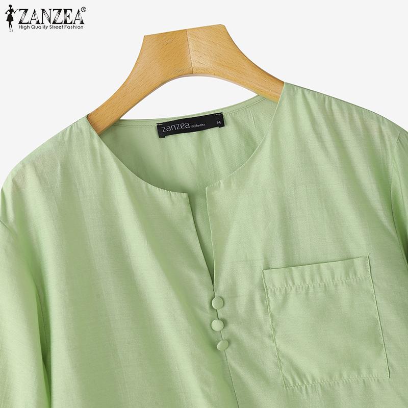ZANZEA Женская свободная повседневная однотонная блузка с круглым вырезом и коротким рукавом