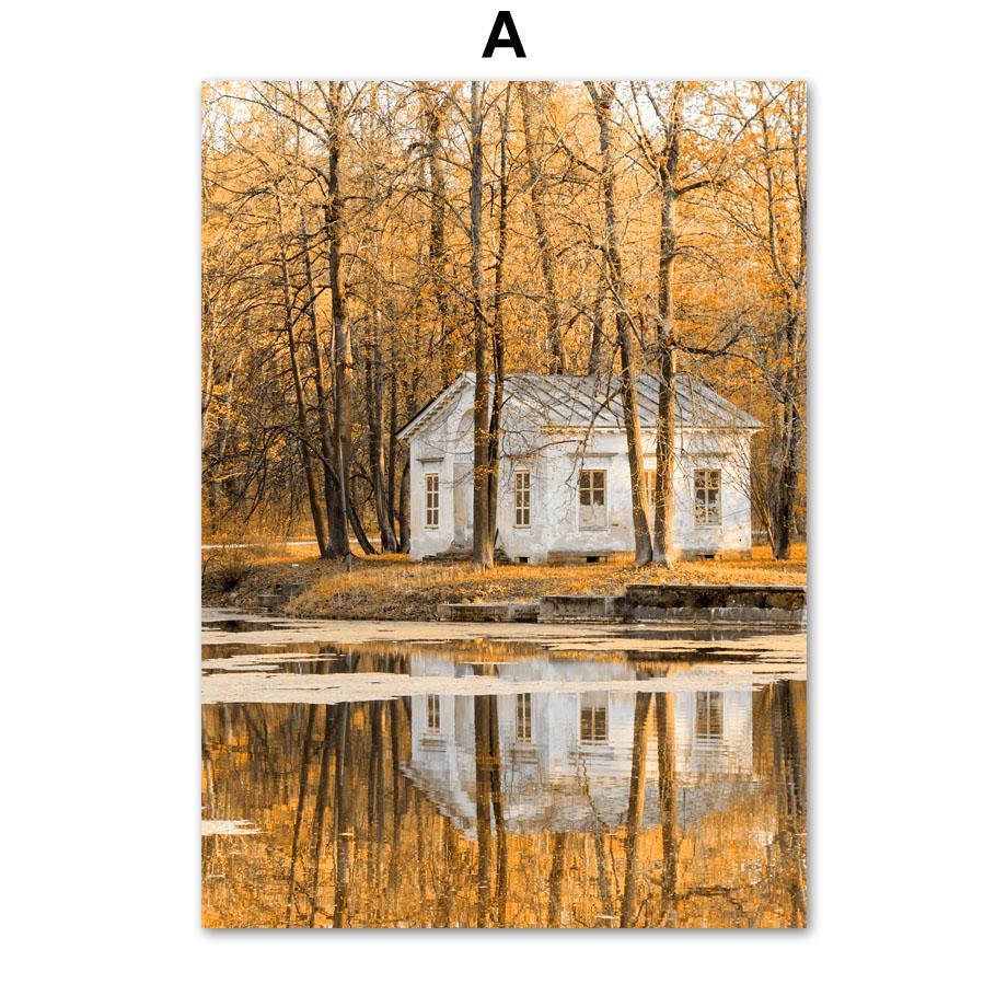 Autumn Forest Highway Lake Pumpkin Squirrel Village Nordic Poster Wall Art Print Canvas Painting Wall Pictures For Bedroom Decor