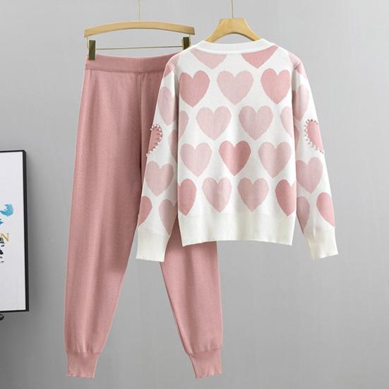 2 шт./комплект Женский комплект: топ и брюки, принт в виде сердечек, украшение бусинами, круглый вырез, длинные рукава, толстовка, эластичный пояс, манжеты на щиколотках, спортивные брюки