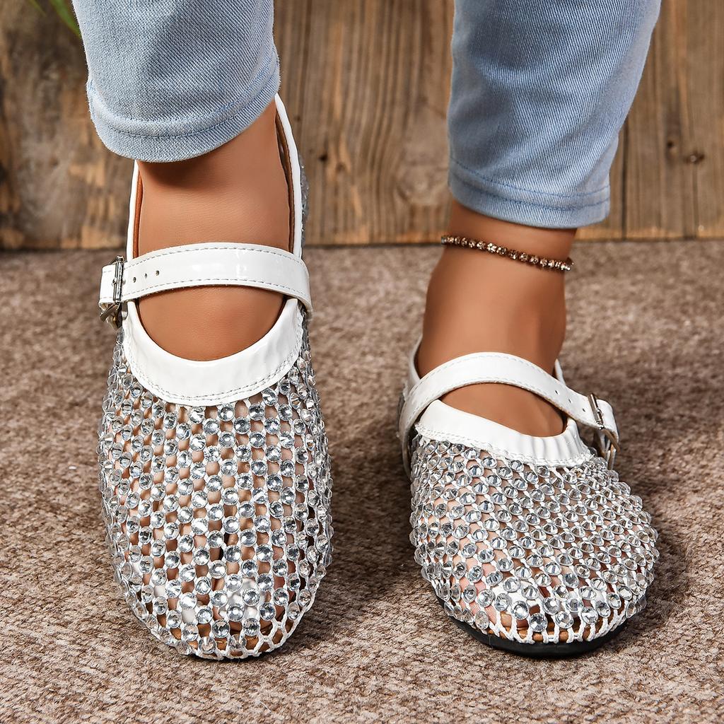 2024 Summer Mesh Buckle Hollow Breathable Flat Shoes Full Diamond Women's Sandals Hollow Fashion Single Shoes Fishing Net Shoes Women's