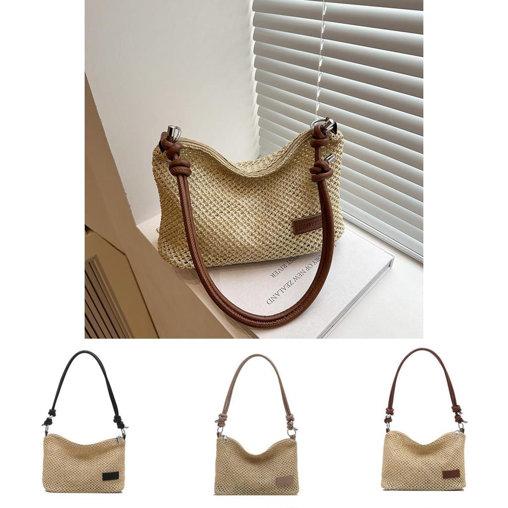 Simple Solid Color Letter Decoration Women Casual Grass Woven Shoulder Bag For Casual Outings