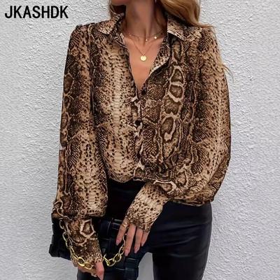 Женская мода повседневная весна осень леопардовый принт длинный рукав воротник поло блузки и рубашки