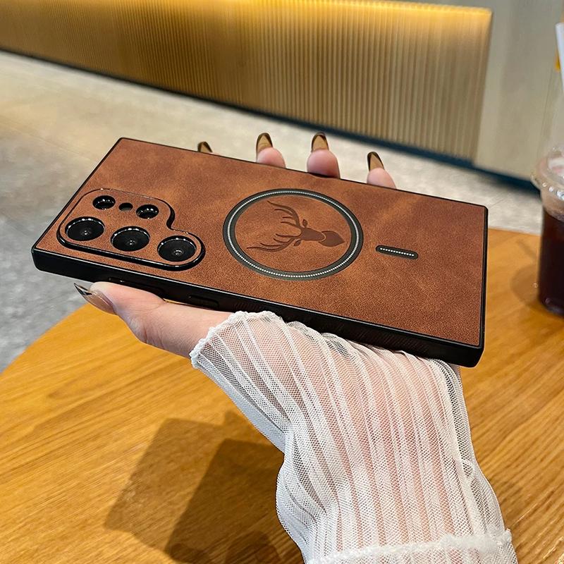 Роскошный кожаный чехол для телефона с магнитной беспроводной зарядкой для Samsung Galaxy S24 S23 S22 S21 Plus Ultra Cover Elk Deer Shell