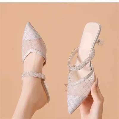 Туфли-мюли на высоком каблуке для женщин на лето, сандалии на тонком каблуке, новые сетчатые сандалии для женщин