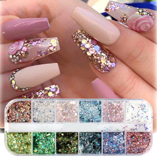 Nail Glitter Irregular Ultra Fine Holographic 12 Grids Nail Glittering Powder Nail Art Supplies