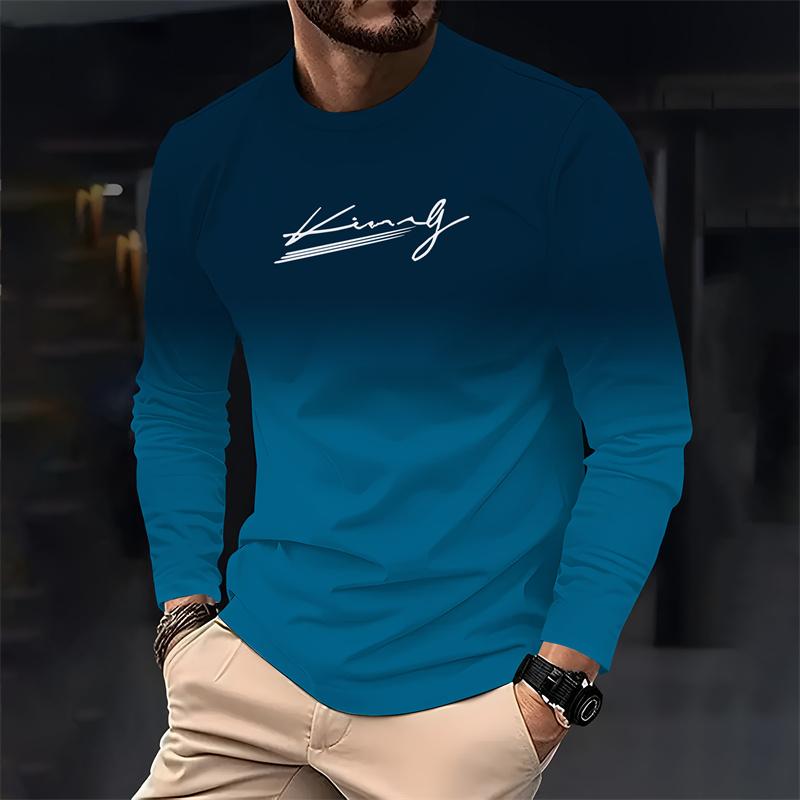 Spring and Autumn Gradient Men's Casual Loose Long Sleeve T-shirt Fashion Crewneck Polyester T-shirt Comfortable Men's Wear