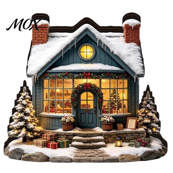 Wooden Festive Decorations Christmas Glowing House Ornament, LED Tabletop Decor for Hanging Holiday Village Display, Light Up Party Supplies Indoor