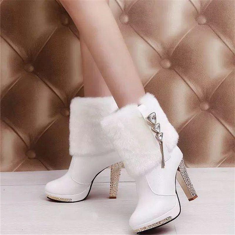 Зимние теплые меховые сапоги женские зимние новые ботильоны женские сапоги на платформе модные сапоги на высоком каблуке со стразами