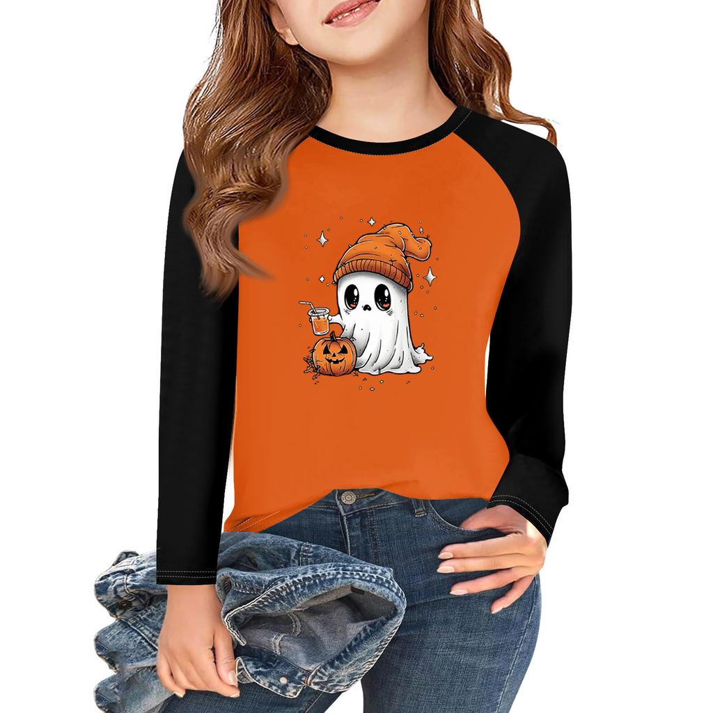 Футболки с длинным рукавом для девочек на Хэллоуин, детские осенние топы с круглым вырезом, базовые футболки 5-14 лет