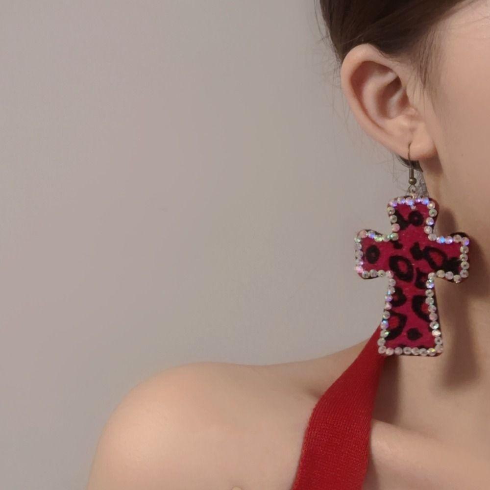 Fashion Y2K Shiny Crystal Cross Earrings Pink Leopard Print Earring Accessorie Vintage Goth Sexy Charm Jewelry Accessories
