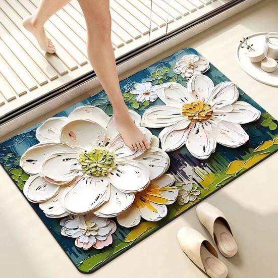 3D Floral Floor Mat Absorbent Diatomaceous Mud Rug Non-Slip Bathroom Entrance Carpet Quick Drying Mat for Living Room Kitchen
