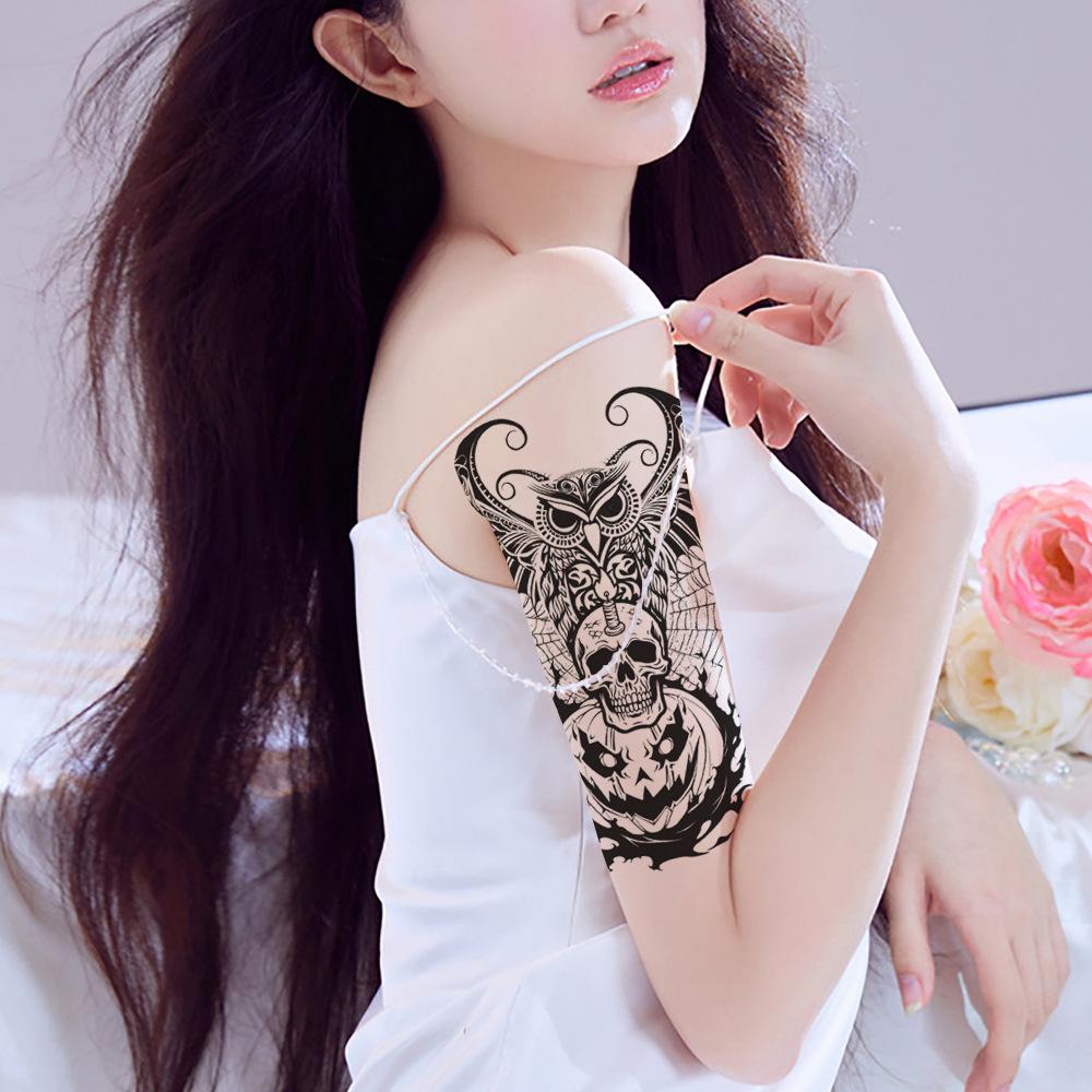 Waterproof sweat-resistant large floral arm tattoo sticker, dark Halloween horror tattoo, pumpkin skull Prajna tattoo sticker