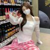 Новый топ с открытым плечом в корейском стиле, нишевая футболка в стиле Spice Girl, женская футболка с длинным рукавом и нерегулярным вырезом
