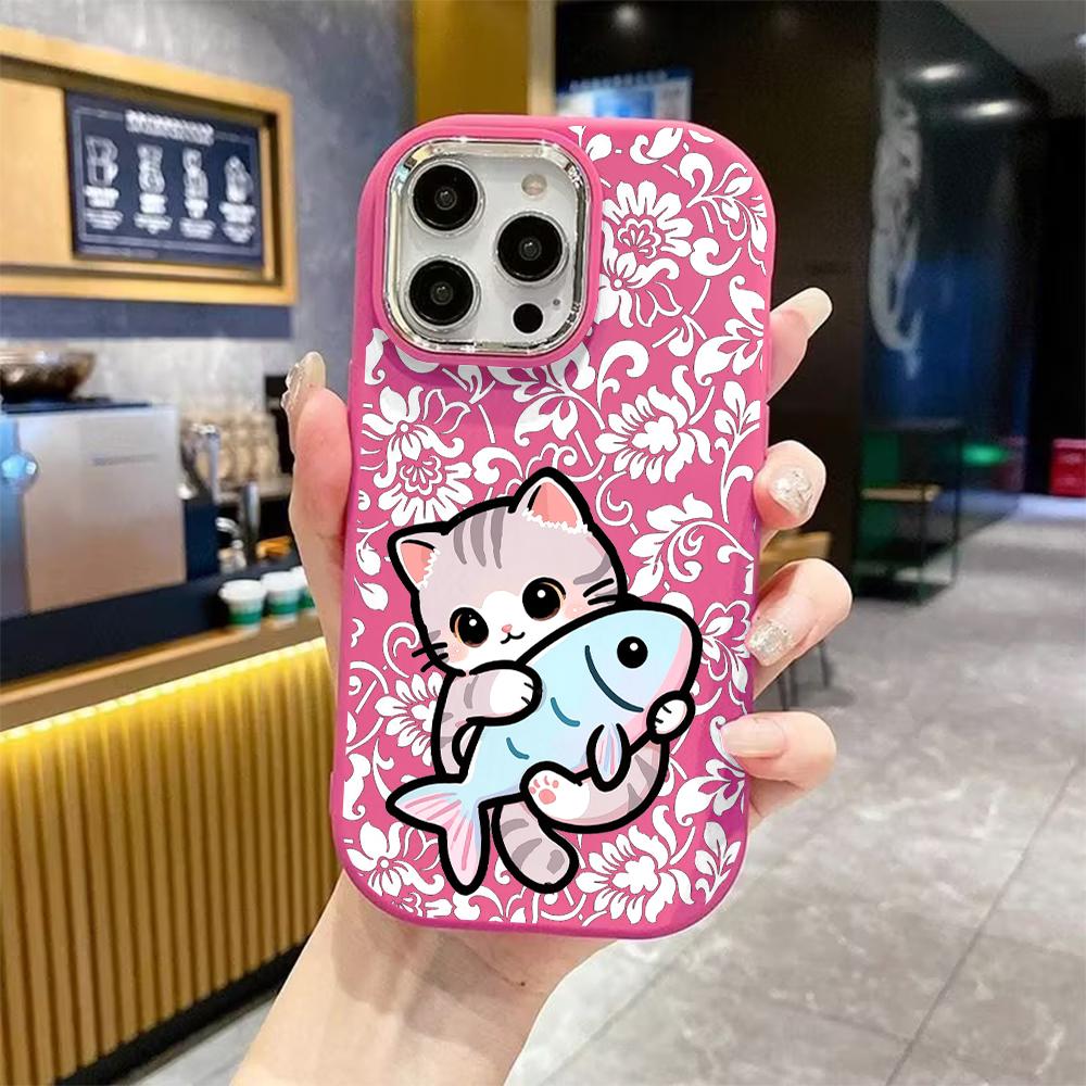 Phone case: 2D flat design suitable for iPhone 18 17 16 15 14 13 Pro protective case, couple style, little cat holding a fish, Christmas and Halloween