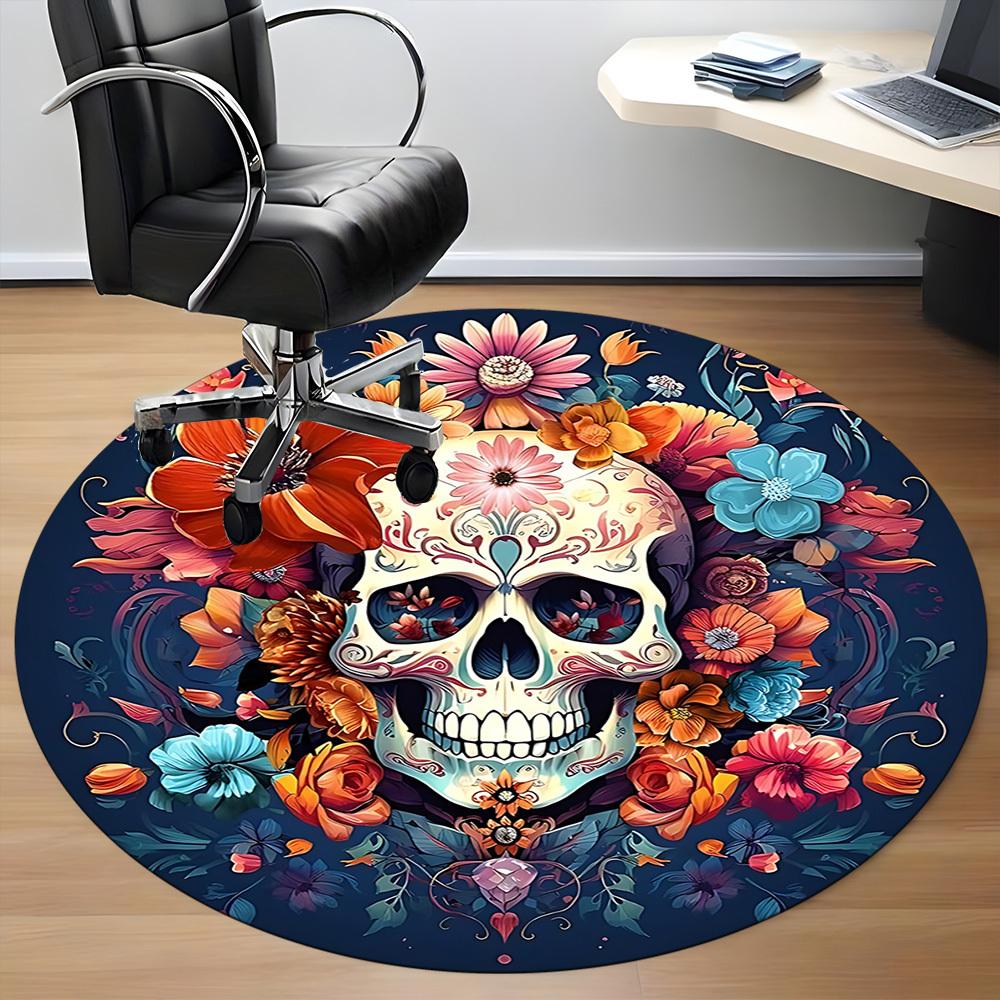 1pc Sugar Skull Flowers Office Round Area Rug, Under Office Chairs Bedroom Living Room Home Decor, Room Deco, Available in Various Sizes