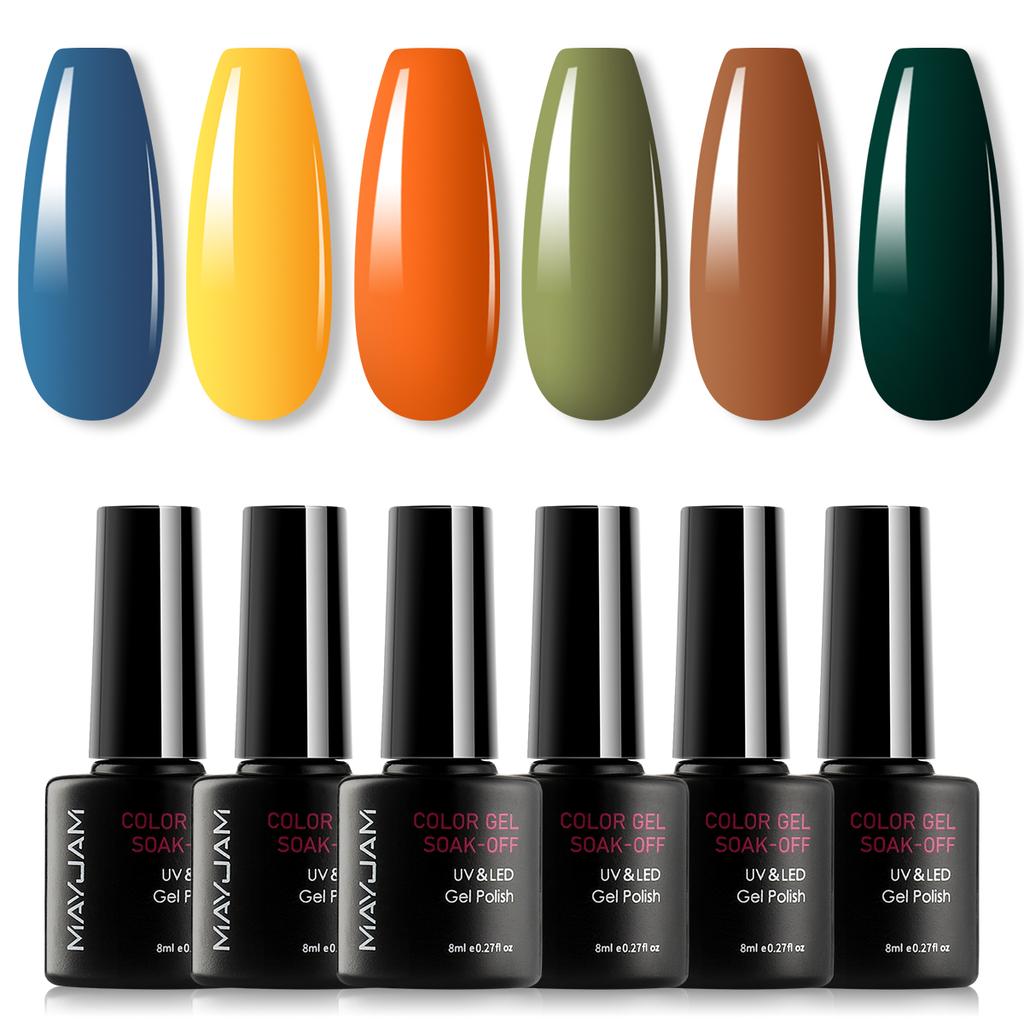 MAYJAM 6 шт., осенне-зимний набор гель-лаков для ногтей, замачиваемый УФ-лампа для ногтей, желтый, оранжевый, коричневый, серый гель-лак для выходного дня, гель-лак для ногтей, маникюрный набор