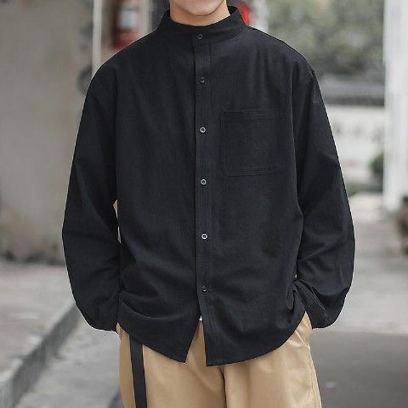 Весенне-осенняя рубашка с длинным рукавом для мужчин, воротник-стойка, однотонная, однобортная, свободная повседневная куртка, модные топы в корейском стиле