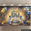 Фон для баннера на 60-летие, 2D, сине-золотая тема с тортом из шампанского и воздушными шарами