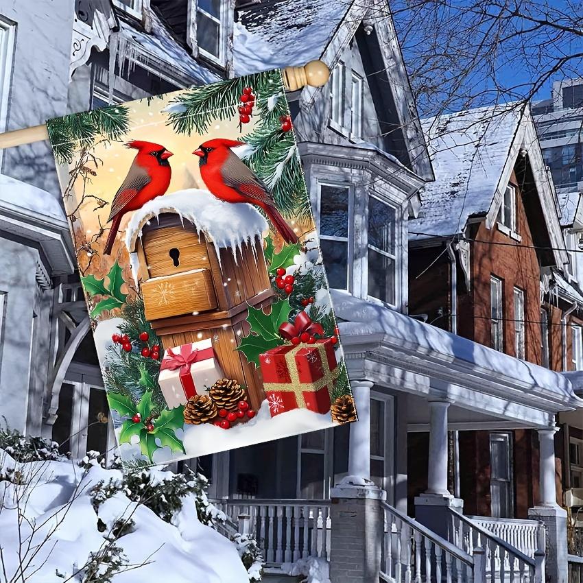 1pc Festive Winter Cardinal Garden Flag - Double-Sided Christmas Pine & Wooden House Design, Durable Polyester, No Electricity Needed, Welcoming Yard