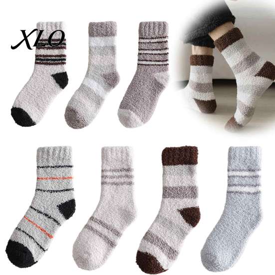 Skiing Thermal Layer Socks Thickened Coral Fleece for Men, Striped Mid-calf Socks, Soft Non-slip Cozy Winter Hosiery Fuzzy Crew Winter, Cold