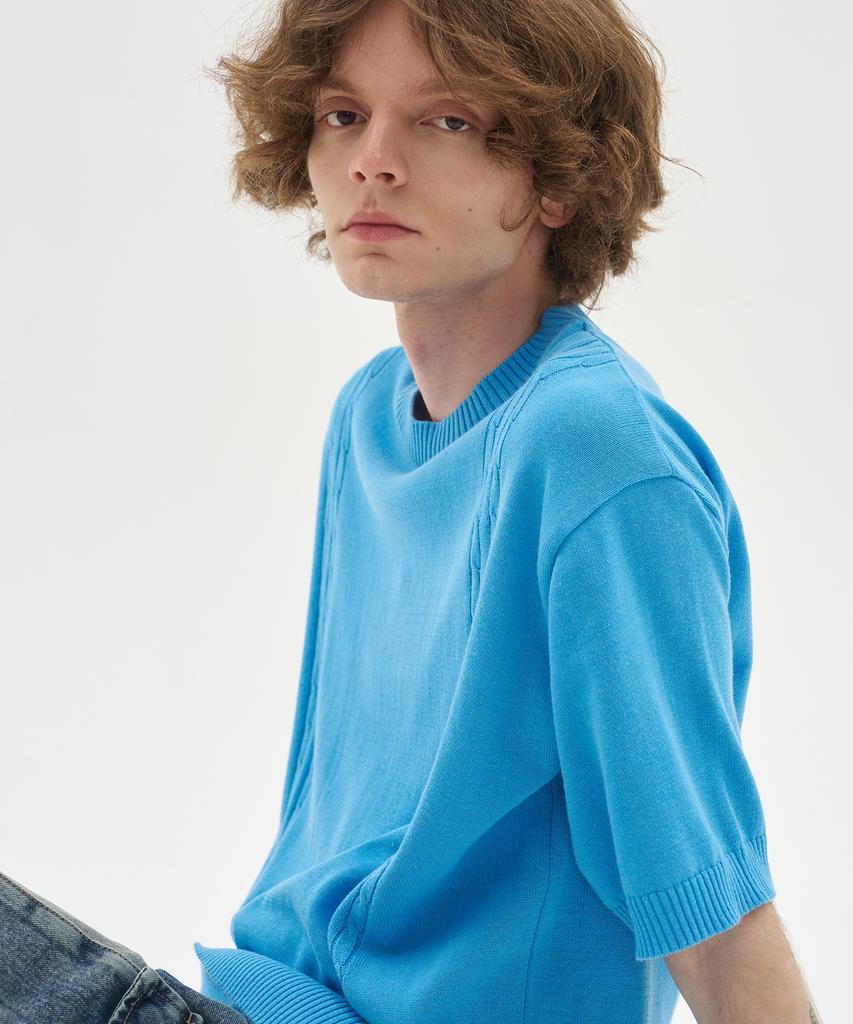 BLOND9 Soft Cable Round Short Sleeve Knit_Blue