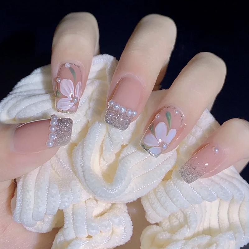Pearl Camellia Wearable Nail Art - Pure Desire Style Fake Nails for Girls