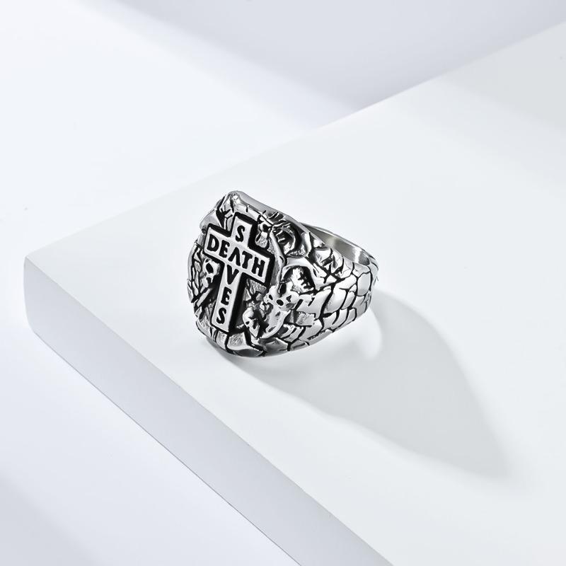 Men's Vintage Cross Titanium Steel Ring Bully Niche Design Stone Pattern Skull Jewellery Gold Rapper Wear Finger Ring