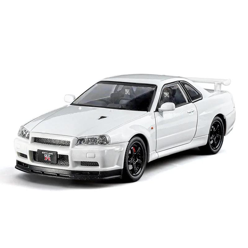 1/24 Nissan Skyline GTR R34 Форсаж Модель машины из сплава Звук Свет Коллекционная Миниатюрная Voiture Литая Игрушечная Машина Мальчик C342