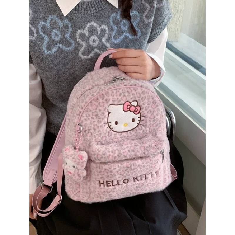 Cute Cartoon Hello Kitty Cat Backpack With Leopard Print Pu Material For Daily Use And Storage