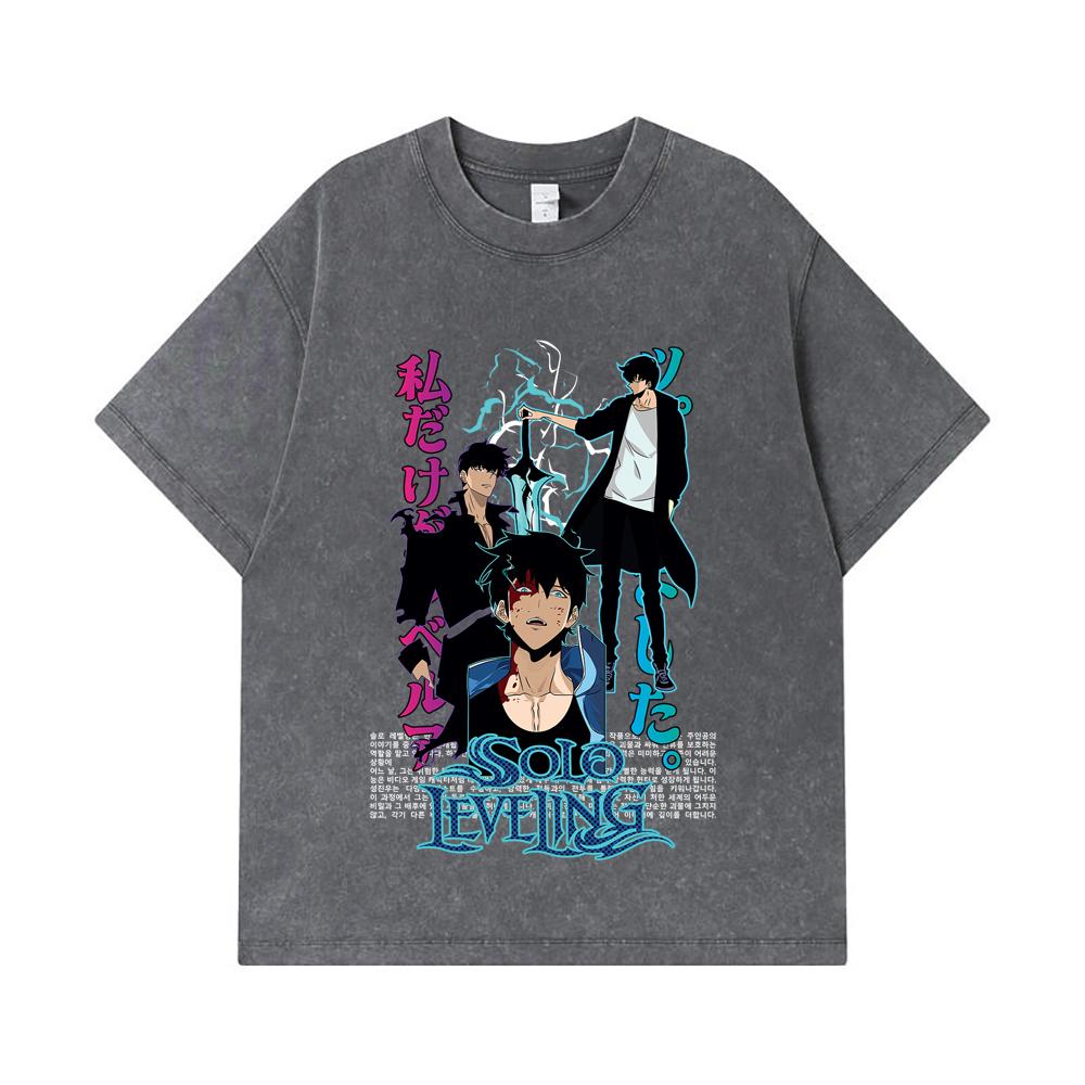 275 GSM Washed T-shirts 100% Cotton Solo Leveling V2 Sung JinWoo Print Unisex Heavy Cotton T Shirt