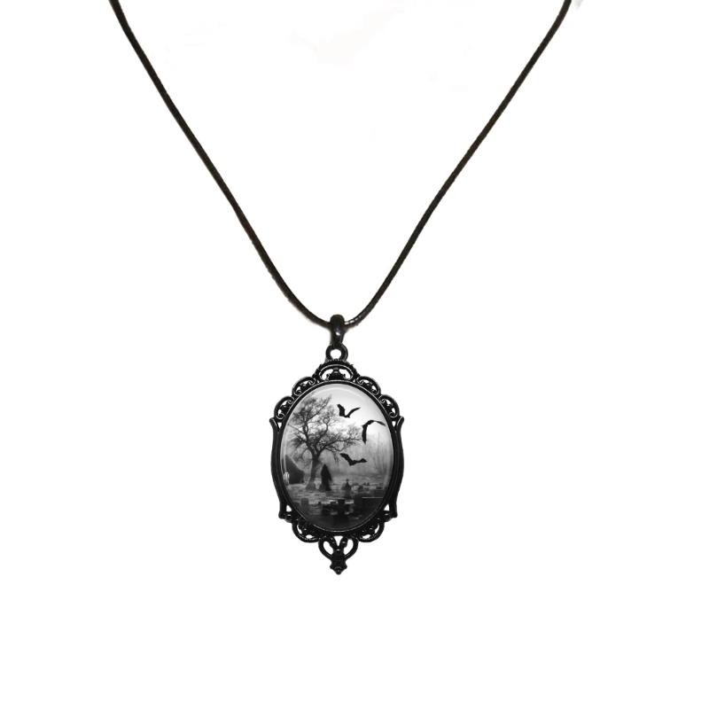 Black Graveyard Bat Pendant Leather Cord Necklace Gothic Women Statement Ethnic Jewelry Lariat Necklace Women Necklace