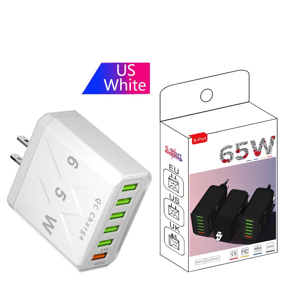 65W QC3.0 6-портовое USB-зарядное устройство для мобильных телефонов - Стандарт США/ЕС/Великобритании