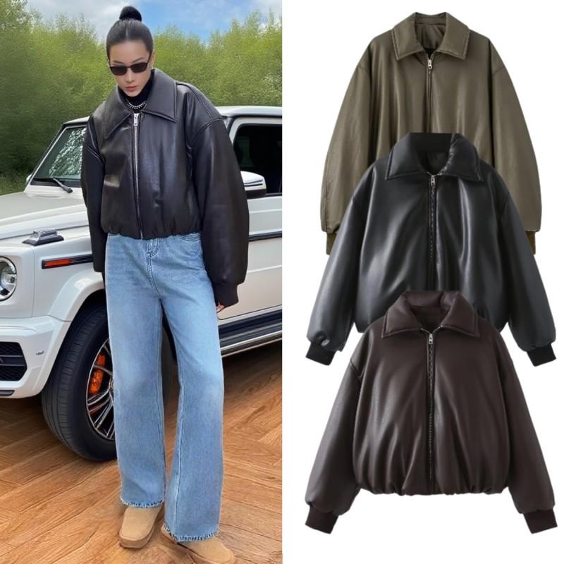 Womens PU Leather Puffer Jacket Short Warm Streetwear Coat With Zipper Pocket Loose Fit
