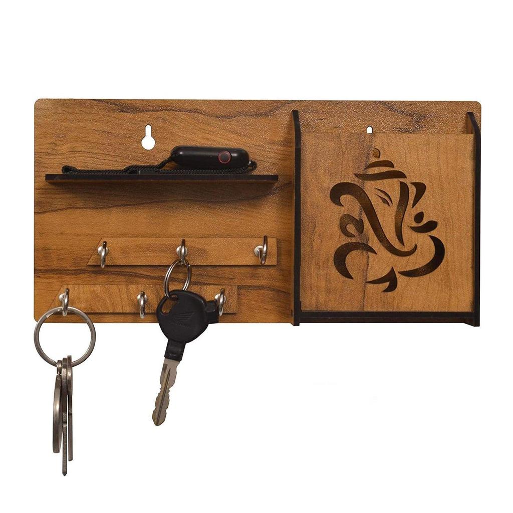 Многоцелевой деревянный держатель ключей Ганеша с мобильной подставкой и настенной полкой, 6 крючков для ключей, упаковка из 1 шт., деревянный