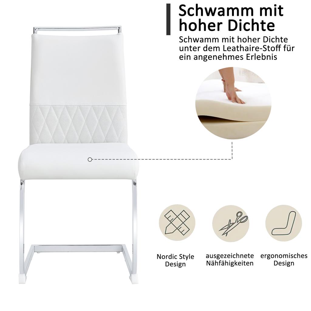 Modern Dining Chairs Set of 2, Backrest of PU Faux Leather and Linen, High Back Upholstered Side Chair for Dining Room, Kitchen, Guest Office, White